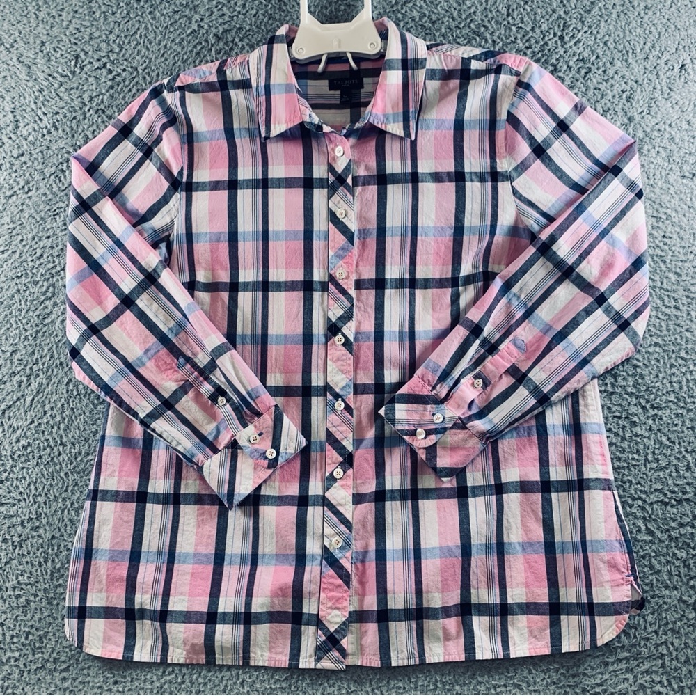 Talbots Shirt Women's Long Sleeve Button Up 100% Cotton Plaid Pink Blue Petite L